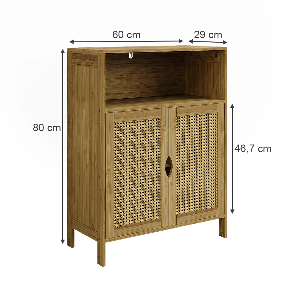 Armoire Midischrank en Bambou sur fond blanc avec dimensions visibles