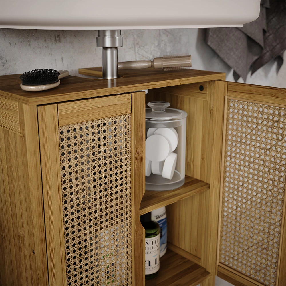 Nahaufnahme von Waschbeckenunterschrank in Bambus, zeigt Textur/Details