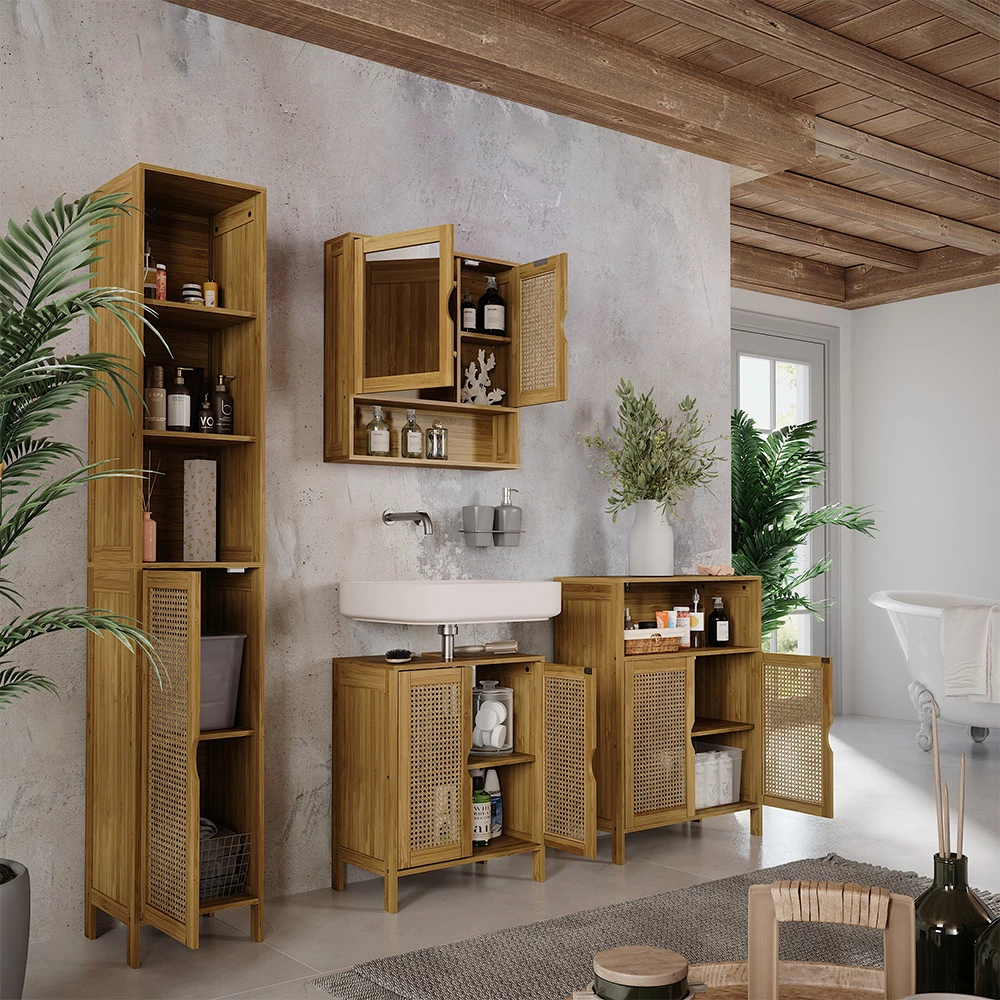 Nahaufnahme von Waschbeckenunterschrank in Bambus, zeigt Design- und Oberflächendetails