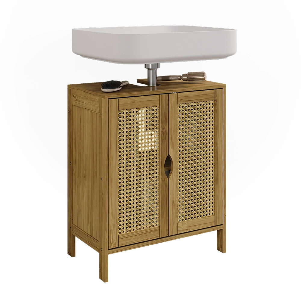Waschbeckenunterschrank in Bambus auf weißem Hintergrund mit dekorativen Elementen