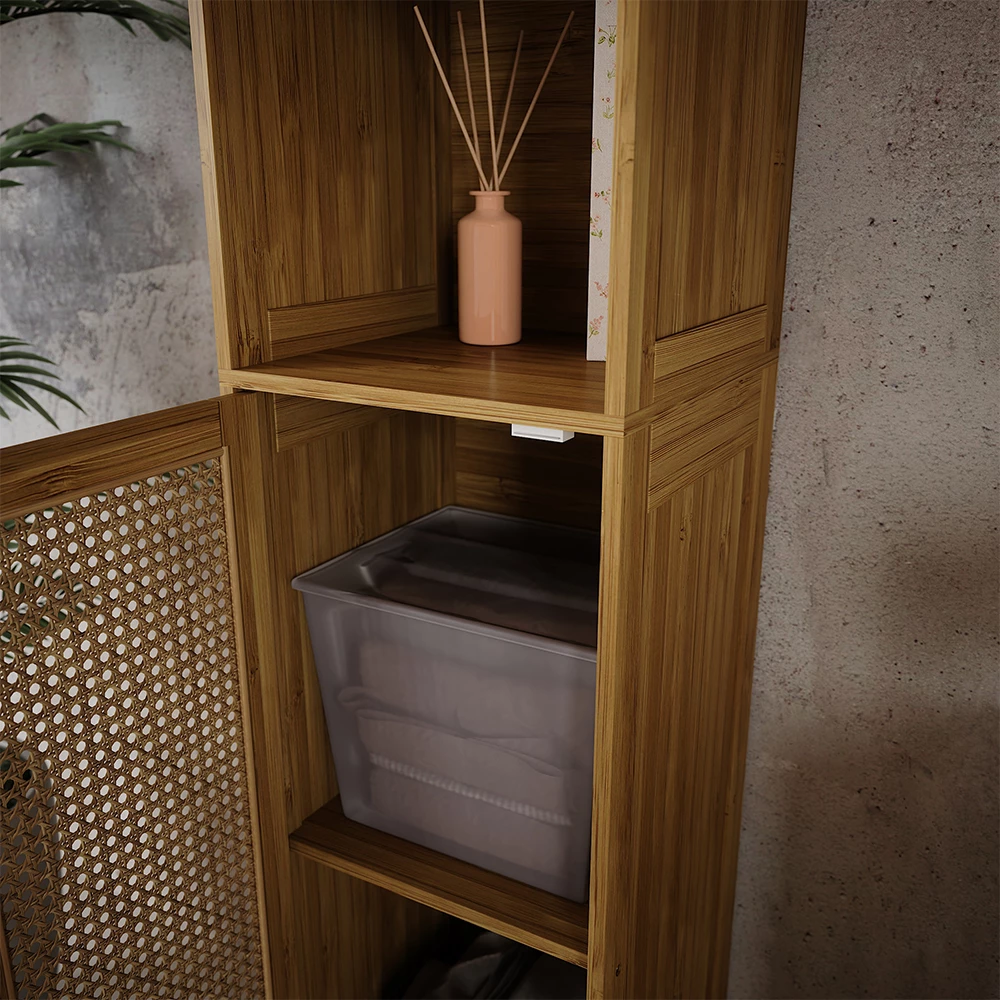 Nahaufnahme von Badschrank in Bambus, zeigt Textur/Details