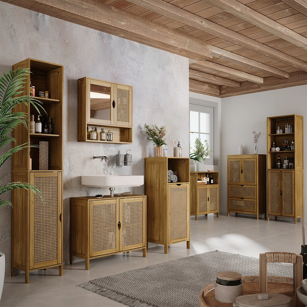 Wasmachinekast Liora Bamboe 66 x 168 cm met planken Vicco