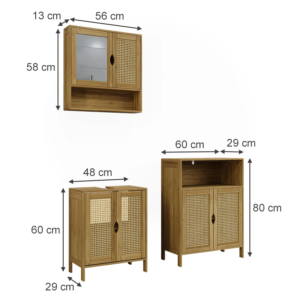 Badmöbel-Set en Bambou sur fond blanc avec dimensions visibles