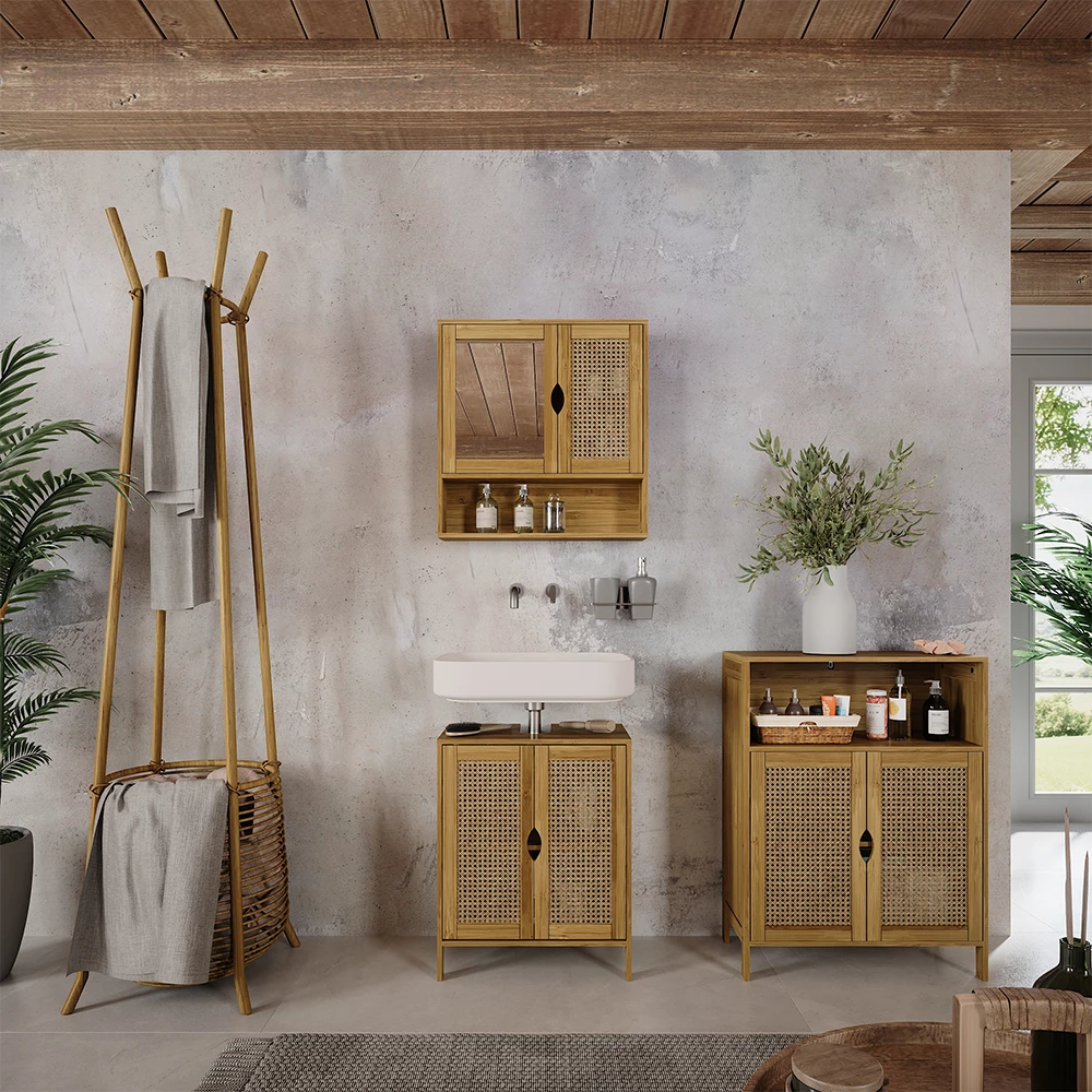 Badmöbel-Set en Bambou, présenté dans un décor ambiant avec décoration