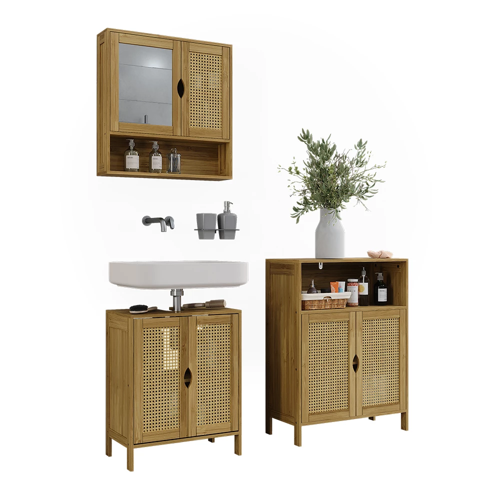 Badmöbel-Set en Bambou sur fond blanc avec des éléments décoratifs
