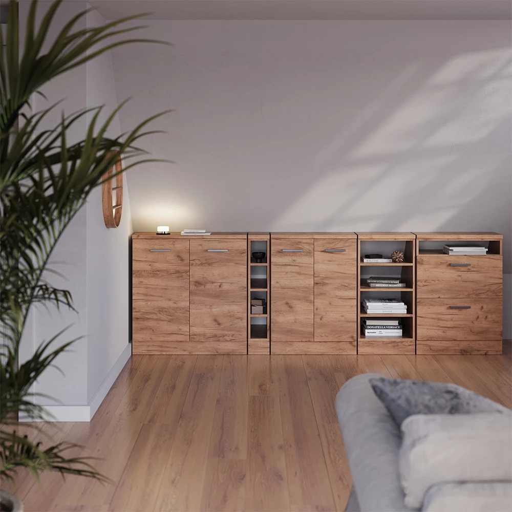 Küchenschrank für Dachschrägen R-Line Goldkraft Eiche 40 cm mit 4 Fächern, Schrankkorpus 60 cm Tiefe Vicco | Goldkraft Eiche/Goldkraft Eiche | Dachschrägenschrank 60 cm offen (Tiefe 60cm)