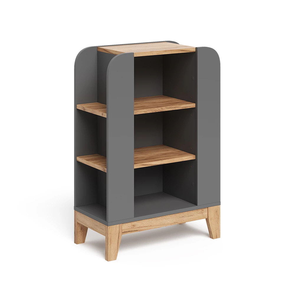 Kinderregal in Grau auf weißem Hintergrund