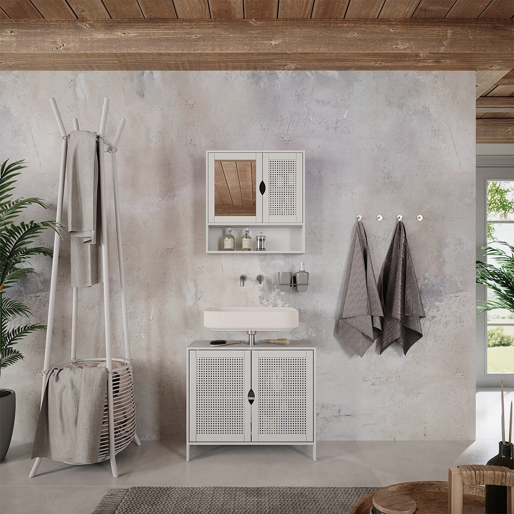 Set di mobili da bagno in Bianco shown in ambient setting with decoration