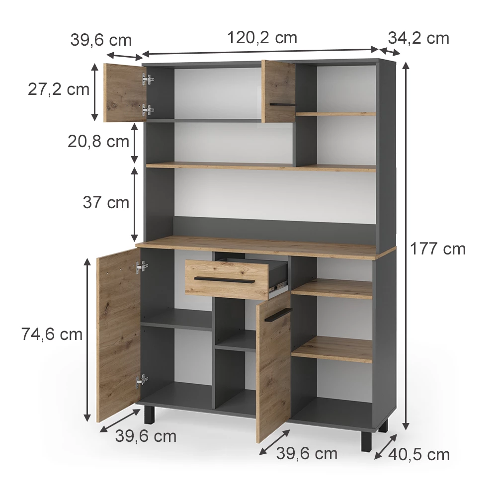 Buffet da cucina in Rovere artigianale on white background with visible dimensions