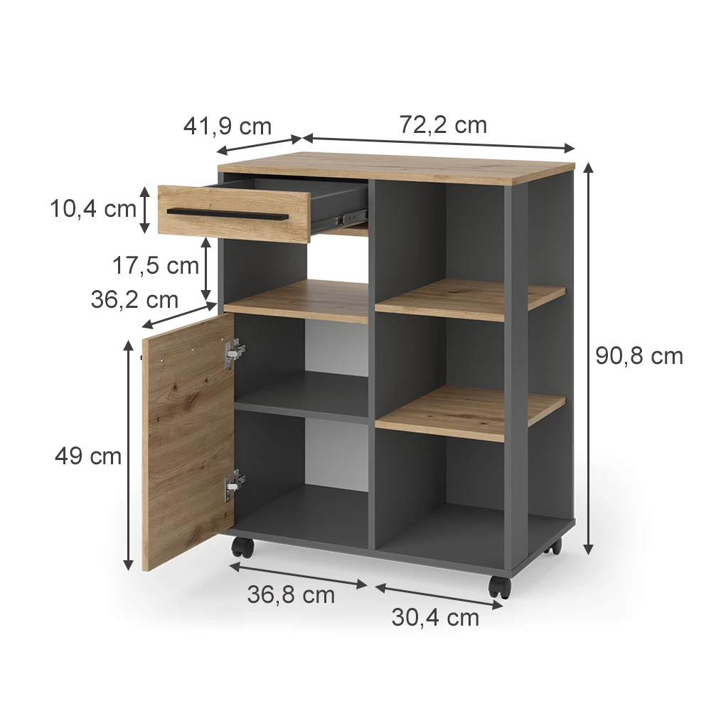 Buffet da cucina in Rovere artigianale on white background with visible dimensions