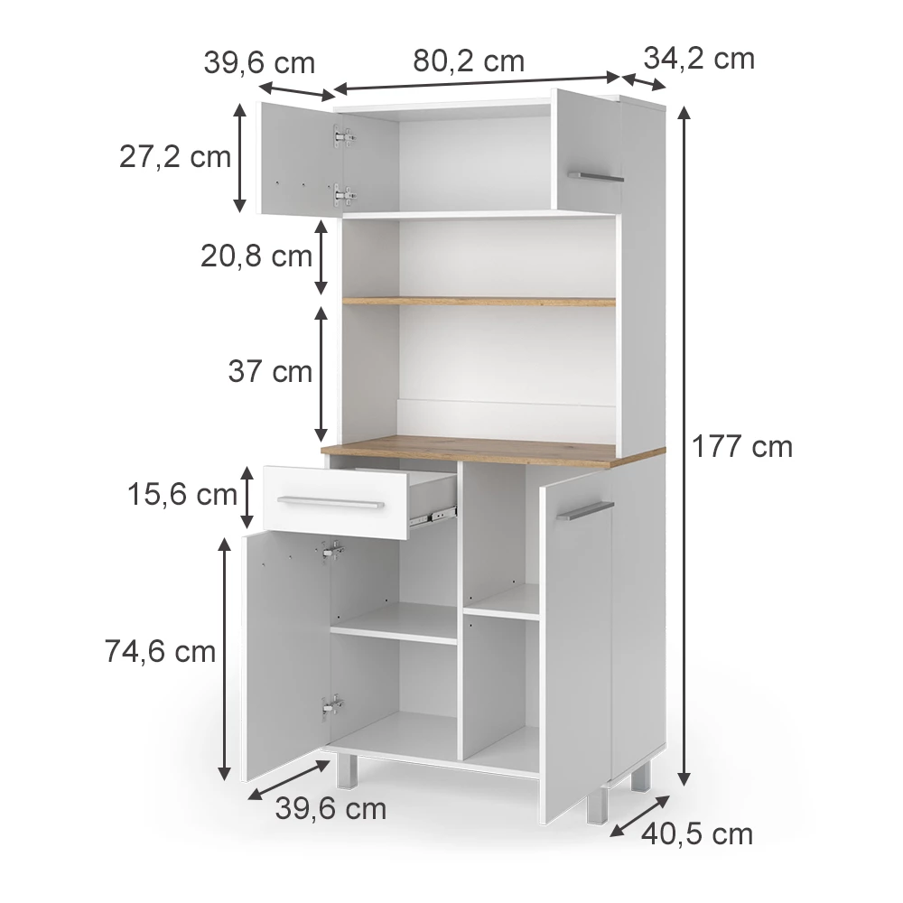 Buffet da cucina in Bianco on white background with visible dimensions