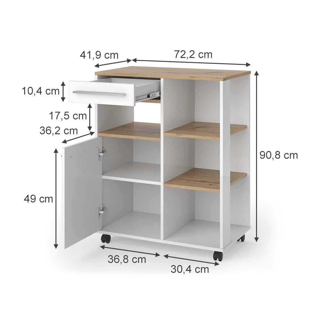 Buffet da cucina in Bianco on white background with visible dimensions