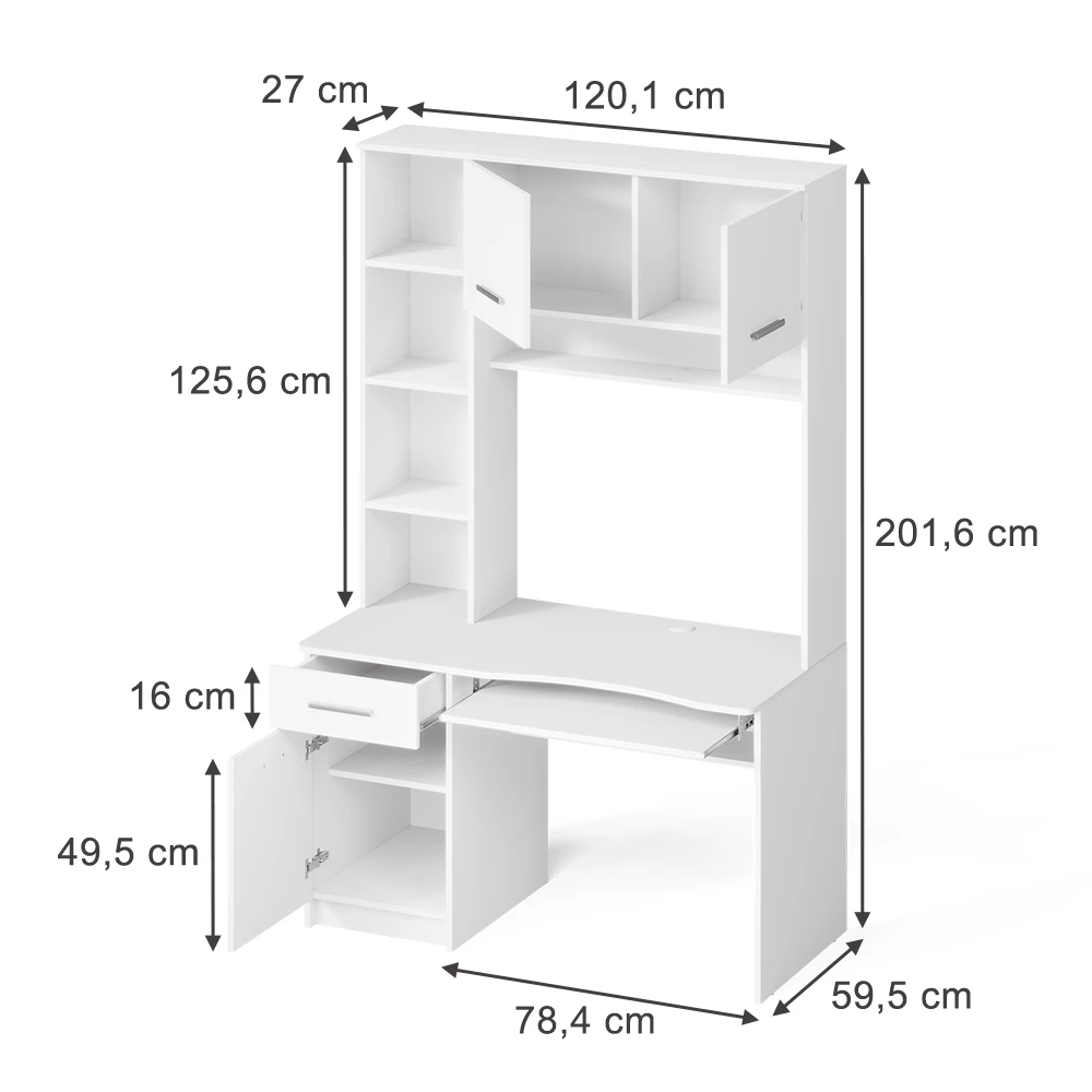 Schreibtisch in Weiß auf weißem Hintergrund mit sichtbaren Maßen