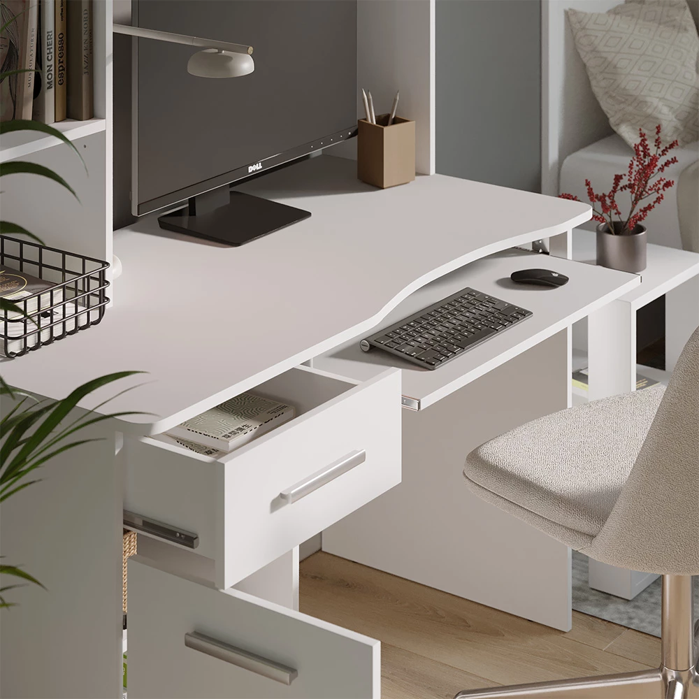 Nahaufnahme von Schreibtisch in Weiß, zeigt Textur/Details