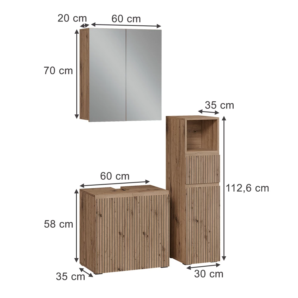 Set di mobili da bagno 3 pezzi in Artigiano on white background with visible dimensions