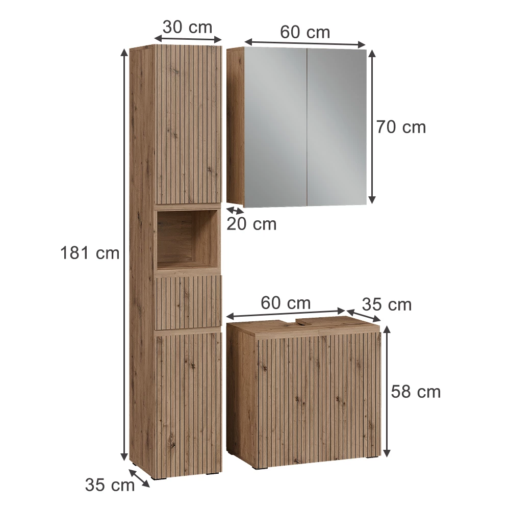 Set di mobili da bagno 3 pezzi in Artigiano on white background with visible dimensions