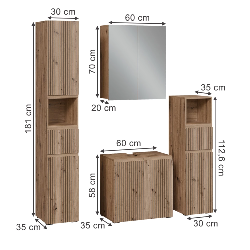 Badmöbel-Set in Artisan auf weißem Hintergrund mit sichtbaren Maßen