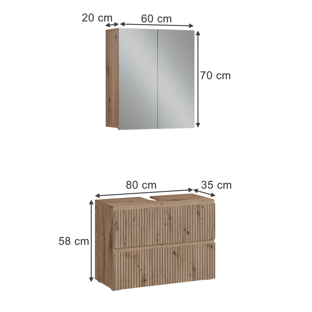 Badmöbel-Set in Artisan auf weißem Hintergrund mit sichtbaren Maßen