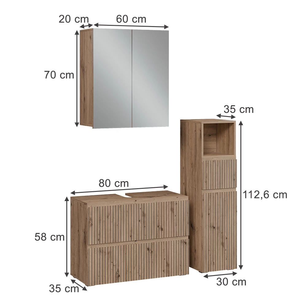 Ensemble de meubles de salle de bain 3 pièces en Artisan sur fond blanc avec dimensions visibles
