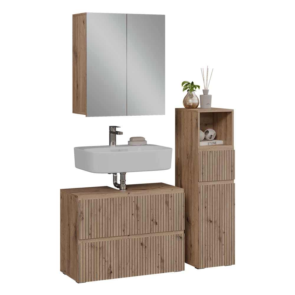 Ensemble de meubles de salle de bain 3 pièces en Artisan sur fond blanc avec des éléments décoratifs