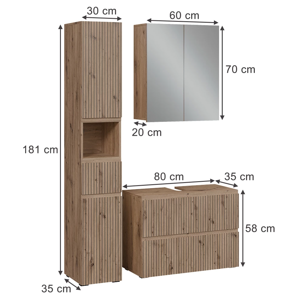 Ensemble de meubles de salle de bain 3 pièces en Artisan sur fond blanc avec dimensions visibles