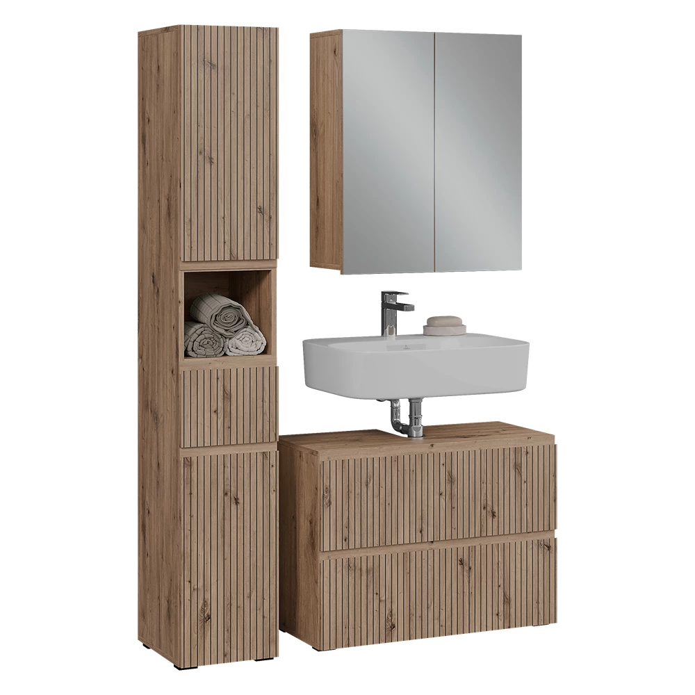 Ensemble de meubles de salle de bain 3 pièces en Artisan sur fond blanc avec des éléments décoratifs