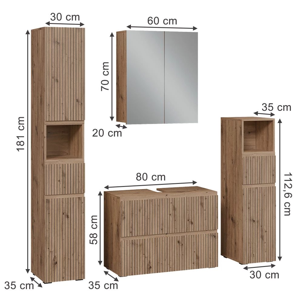 Set di mobili da bagno in Artigiano on white background with visible dimensions