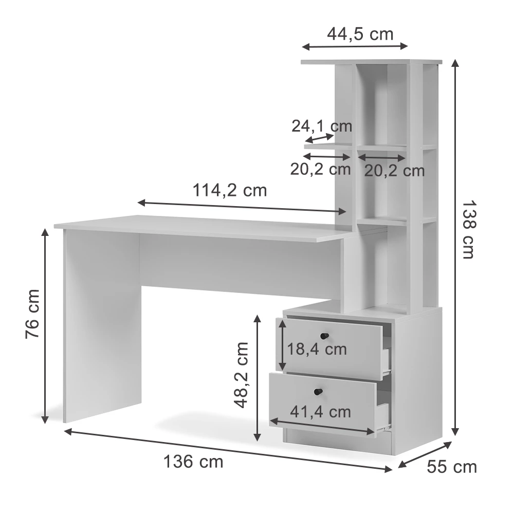 Esstisch in Weiß auf weißem Hintergrund mit sichtbaren Maßen