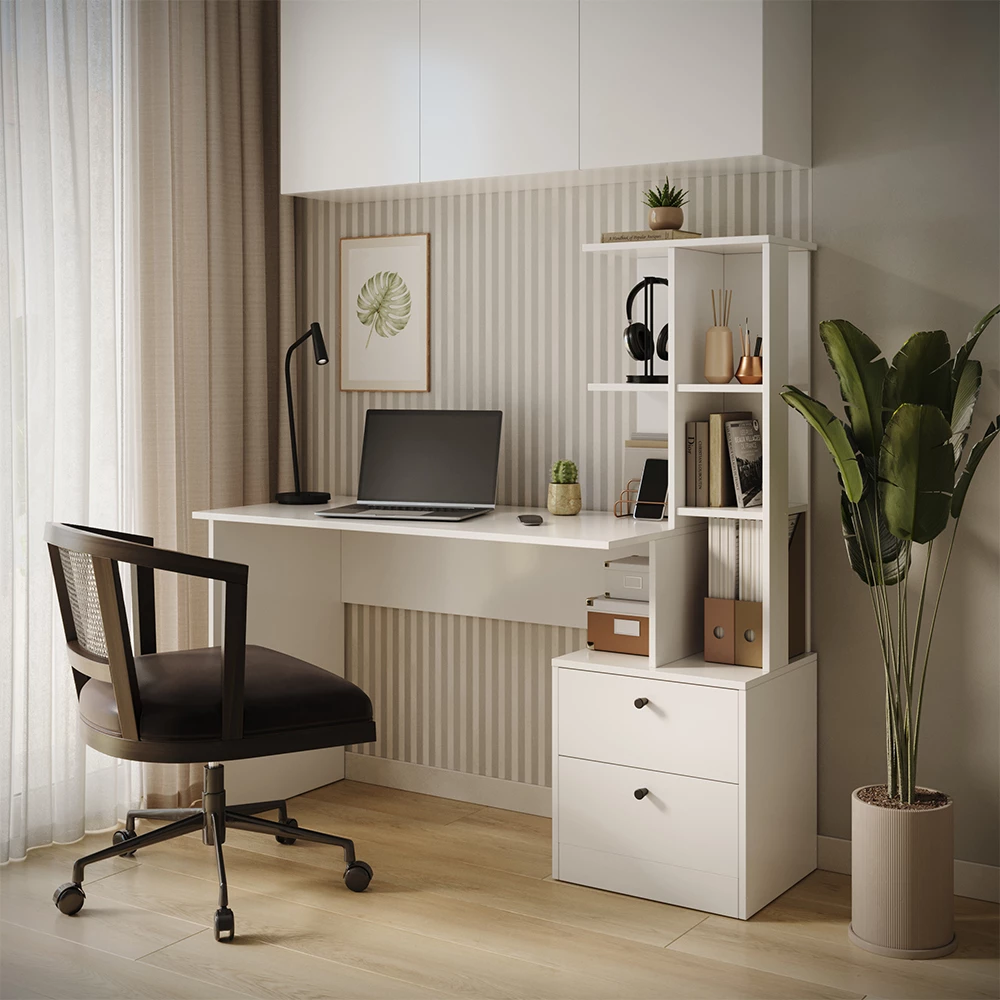 Schreibtisch in Weiß, dargestellt im Ambiente mit Dekoration