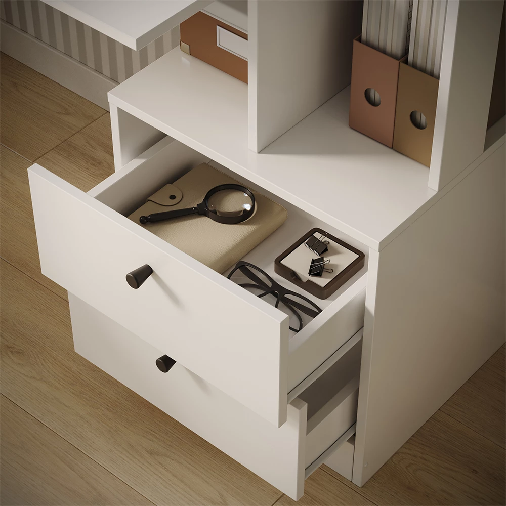 Nahaufnahme von Schreibtisch in Weiß, zeigt Textur/Details