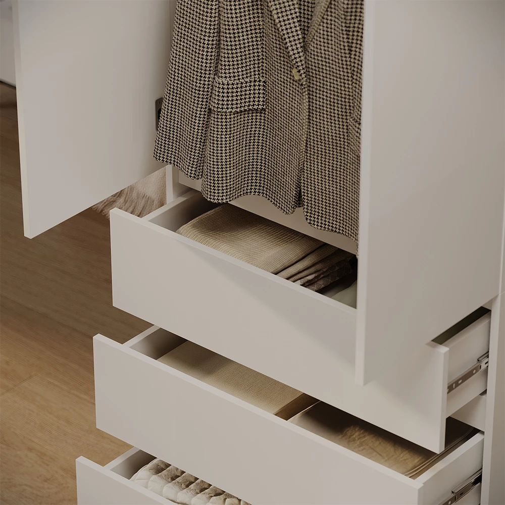 Nahaufnahme von Kleiderschrank in Weiß, zeigt Textur/Details