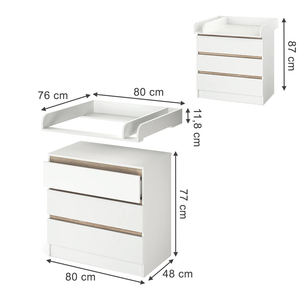 Commode in Wit on white background with visible dimensions