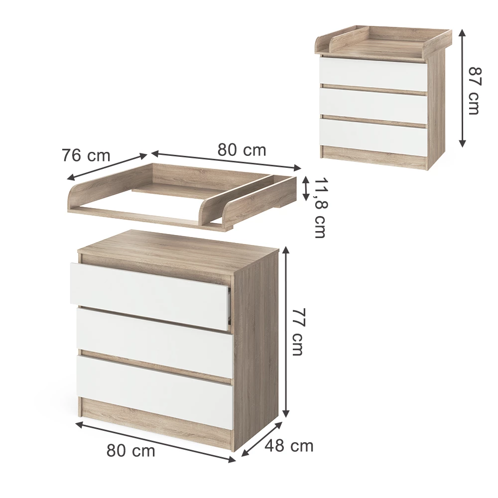 Luiertafel in Sonoma on white background with visible dimensions