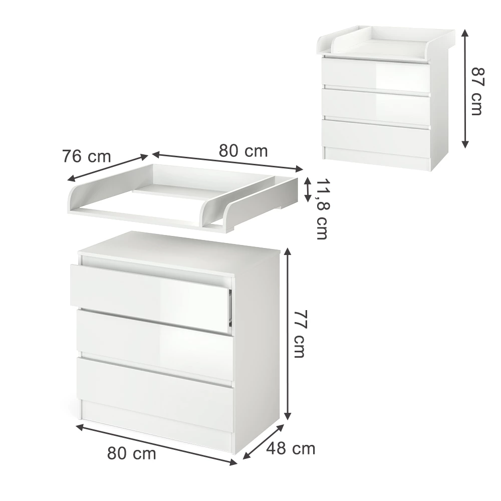 Wickelkommode in Weiß auf weißem Hintergrund mit sichtbaren Maßen