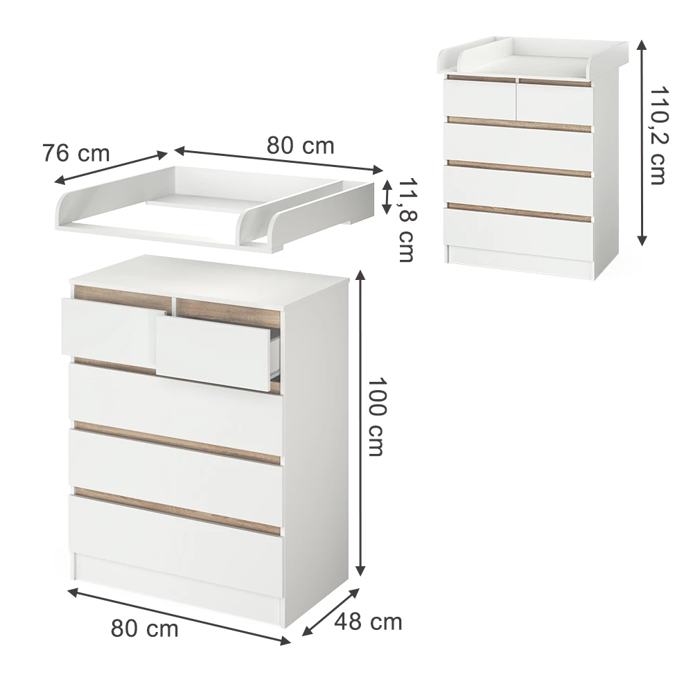 Commode à langer en Blanc sur fond blanc avec dimensions visibles