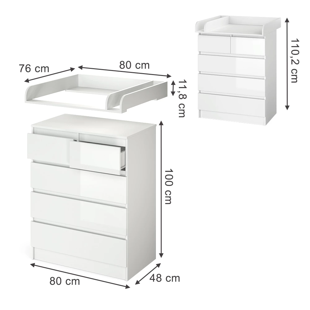 Commode in Wit on white background with visible dimensions