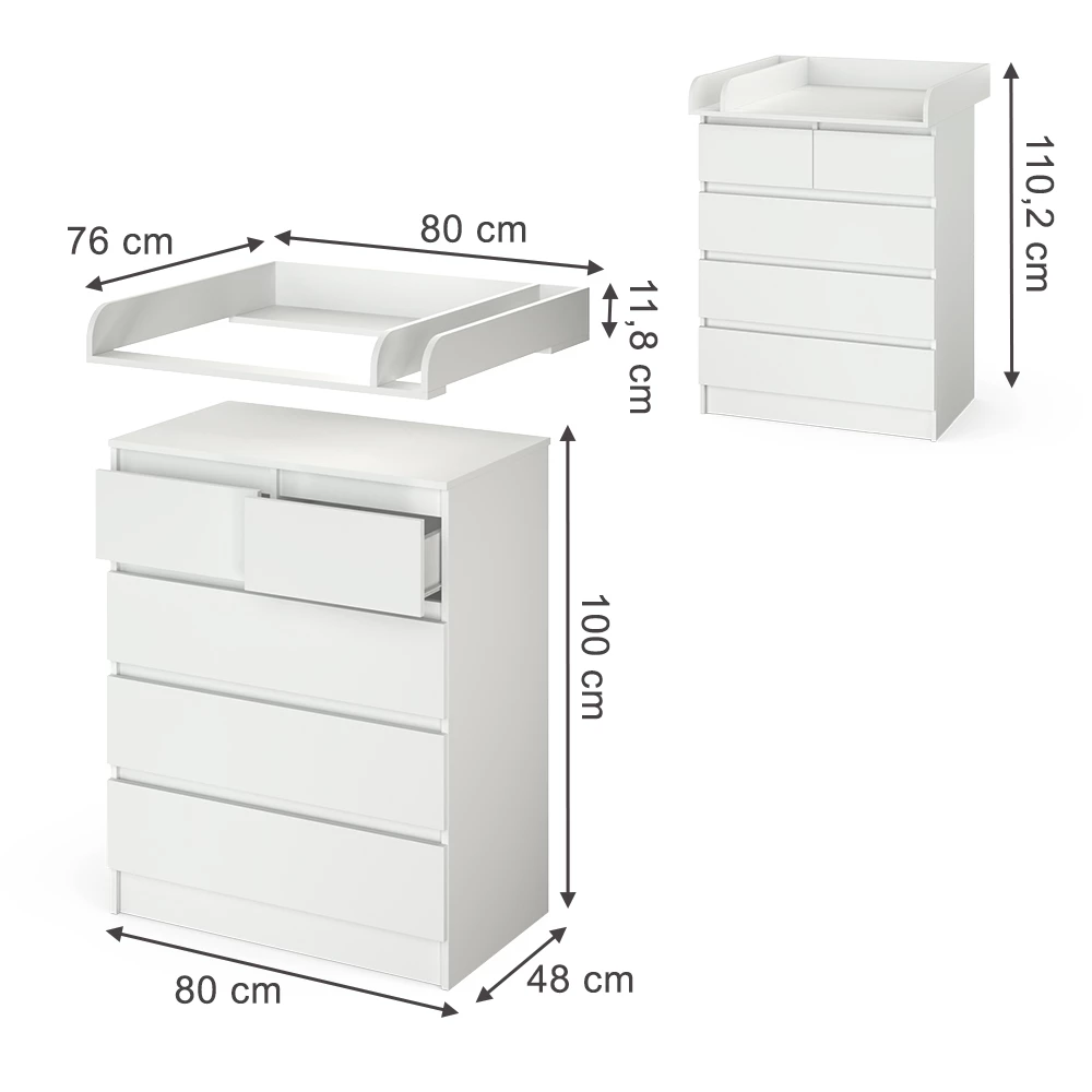 Commode in Wit on white background with visible dimensions