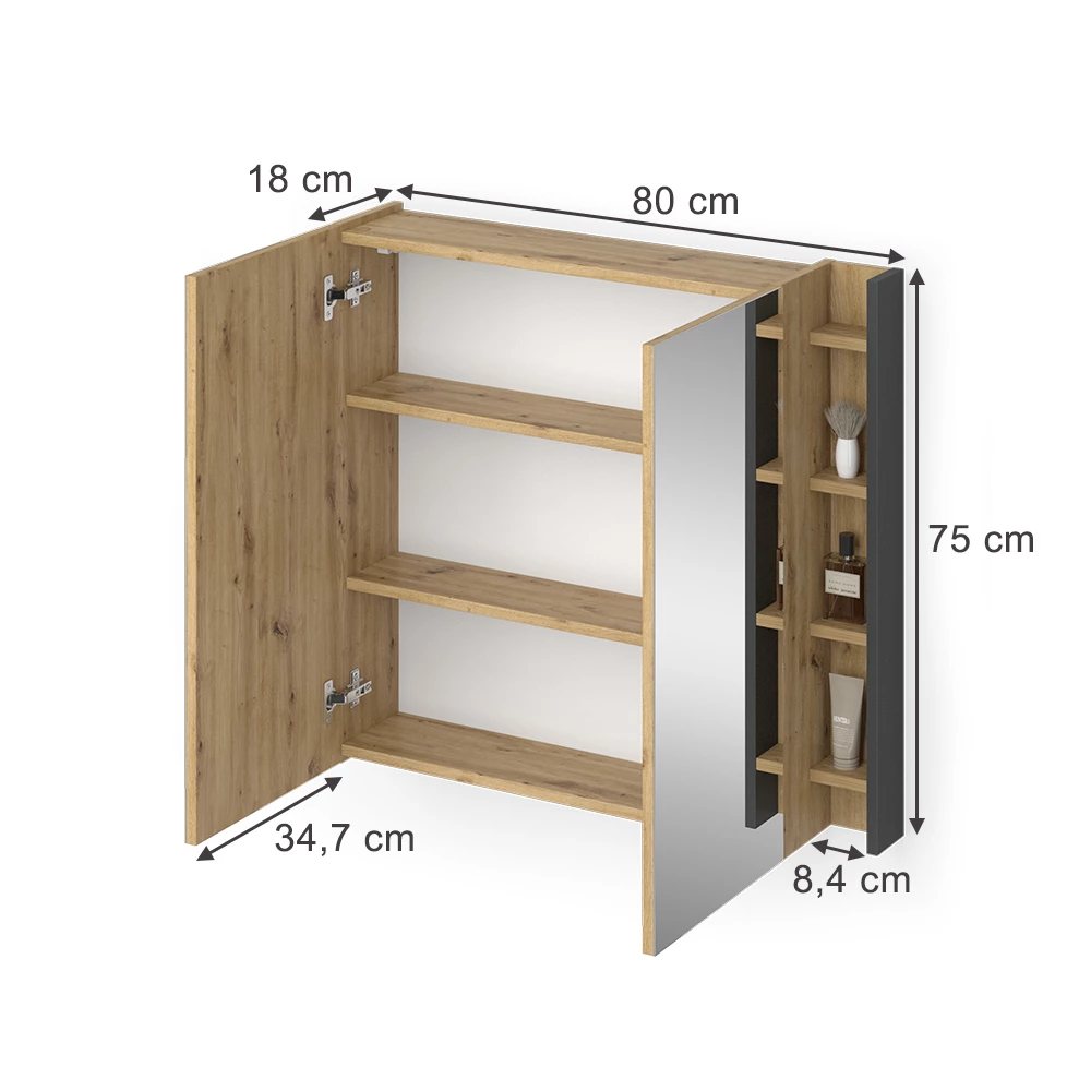 Armoire de toilette en Anthracite sur fond blanc avec dimensions visibles