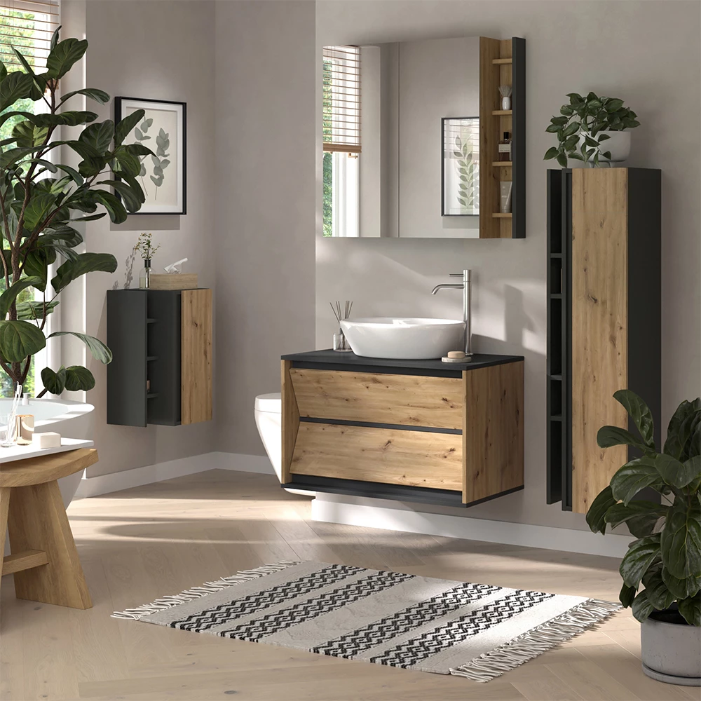 Armoire de toilette Edelin Anthracite/Artisan 80x75cm avec des étagères Vicco