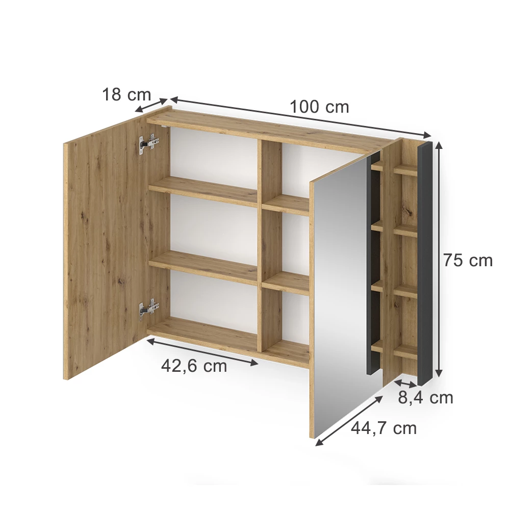 Specchio contenitore bagno in Antracite on white background with visible dimensions