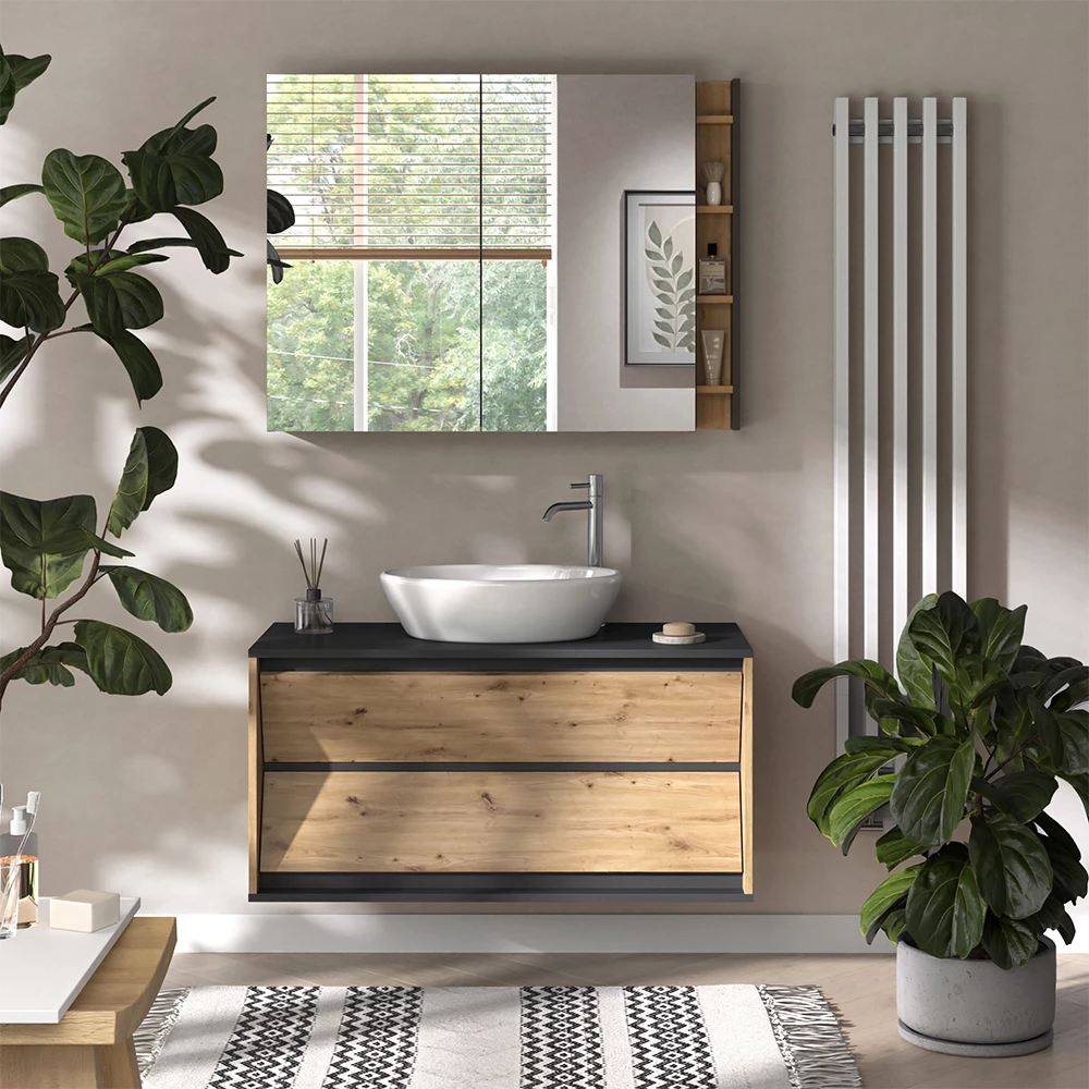Specchio contenitore bagno in Antracite shown in ambient setting with decoration