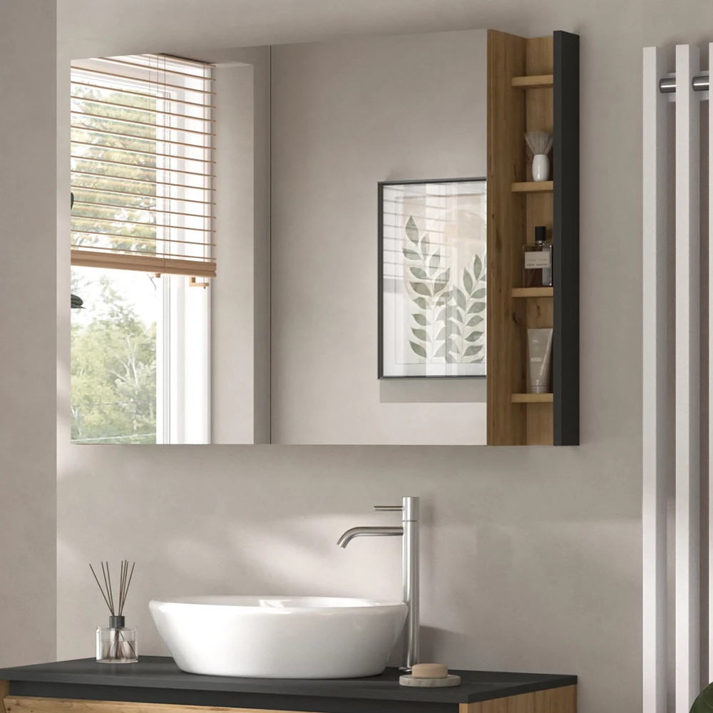 Close-up of Specchio contenitore bagno in Antracite, showing design and surface details