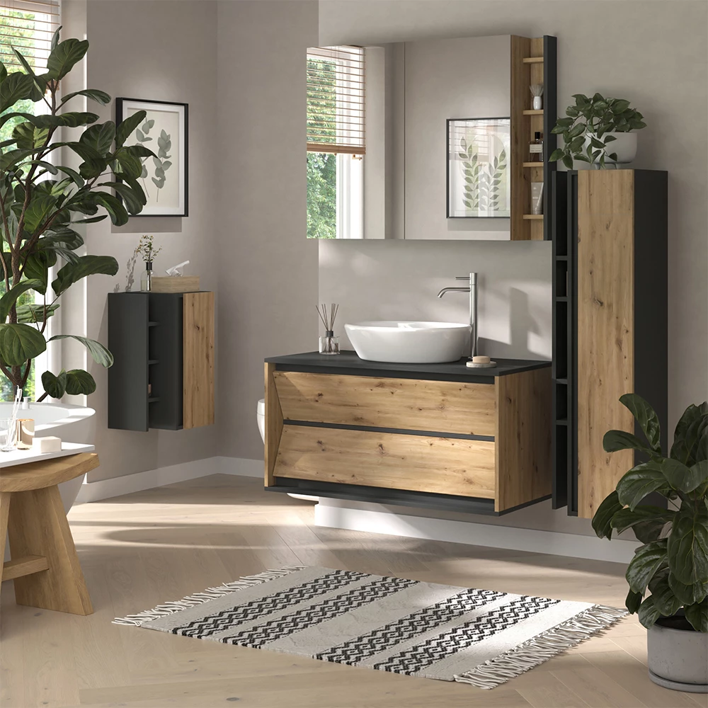 Meuble salle de bain Edelin Anthracite/Artisan 35x60cm avec 3 compartiments de rangement Vicco