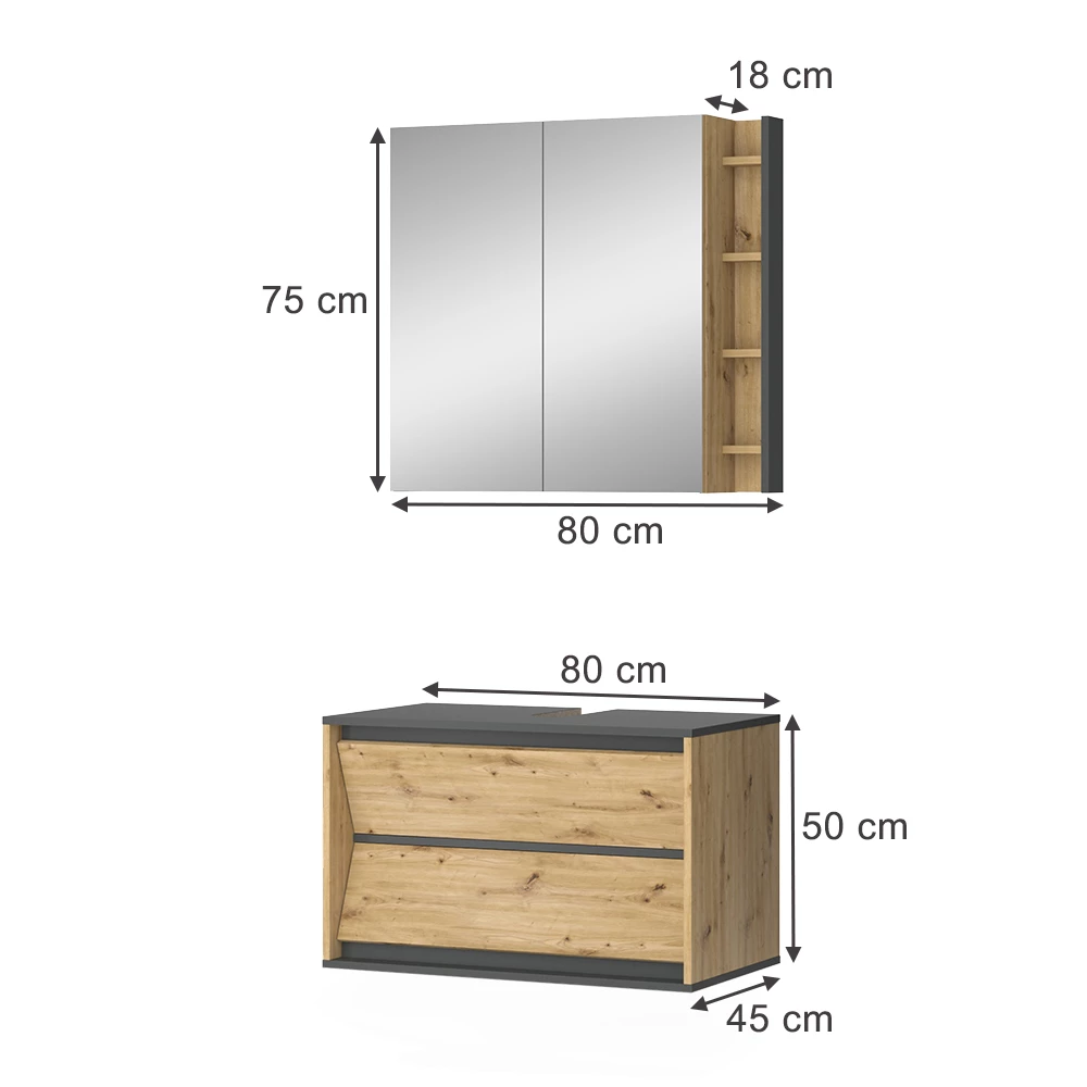 Set di mobili da bagno in Antracite on white background with visible dimensions
