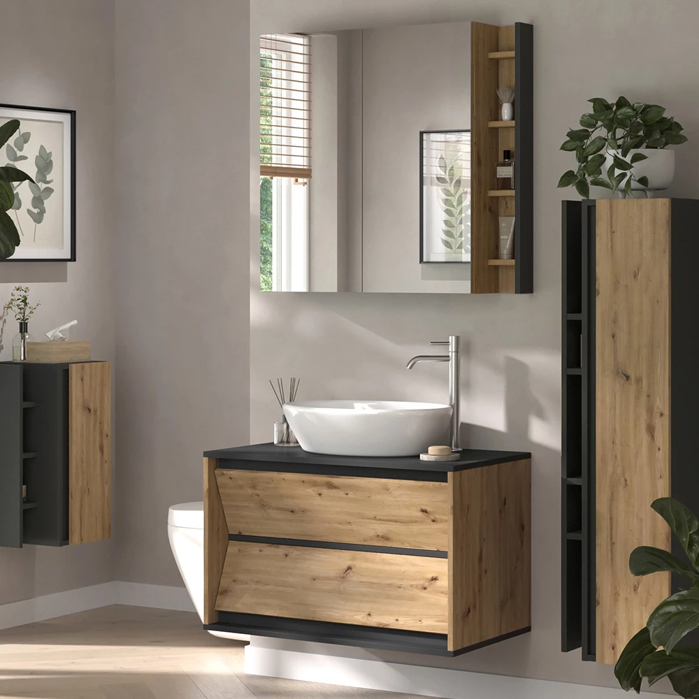 Nahaufnahme von Badmöbel-Set in Anthrazit, zeigt Design- und Oberflächendetails