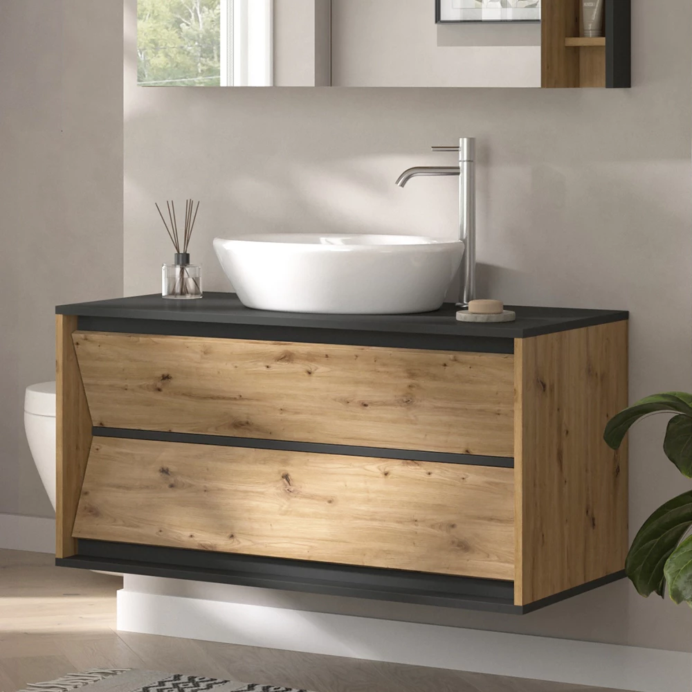 Nahaufnahme von Waschbeckenunterschrank in Anthrazit, zeigt Design- und Oberflächendetails