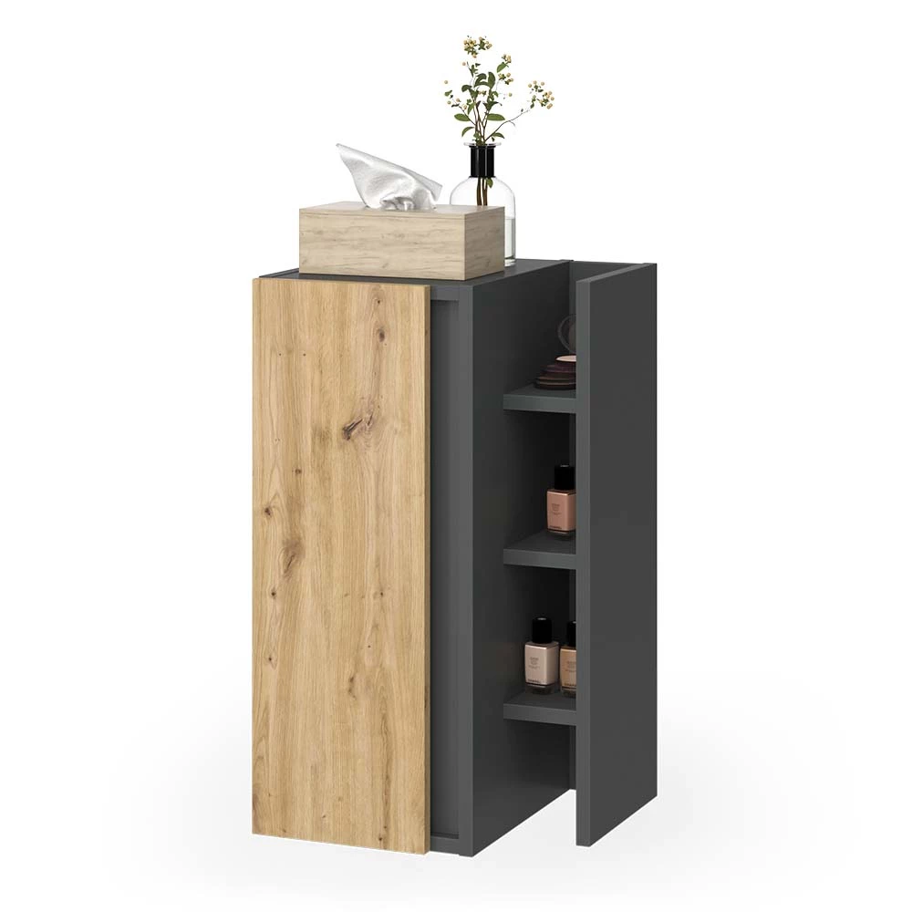 Meuble salle de bain en Anthracite sur fond blanc avec des éléments décoratifs