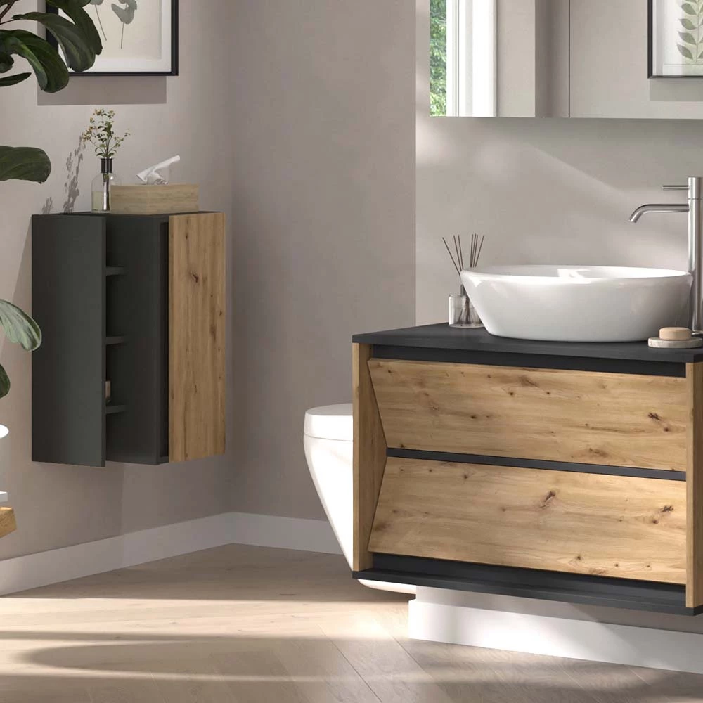 Gros plan de Meuble salle de bain en Anthracite, montrant le design et les détails de surface