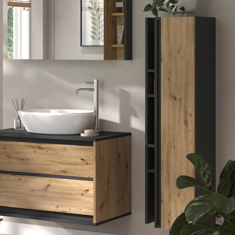 Nahaufnahme von Badschrank in Anthrazit, zeigt Design- und Oberflächendetails