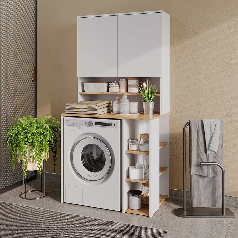 wasmachinekast Viktor Wit/Artisanaal eiken 93.6 x 88.2 cm 2 delen met plank Vicco